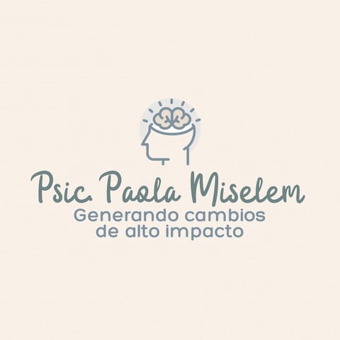 Logo for Psic Paola Miselem featuring a head icon with brain and light bulb, text reads Generando cambios de alto impacto