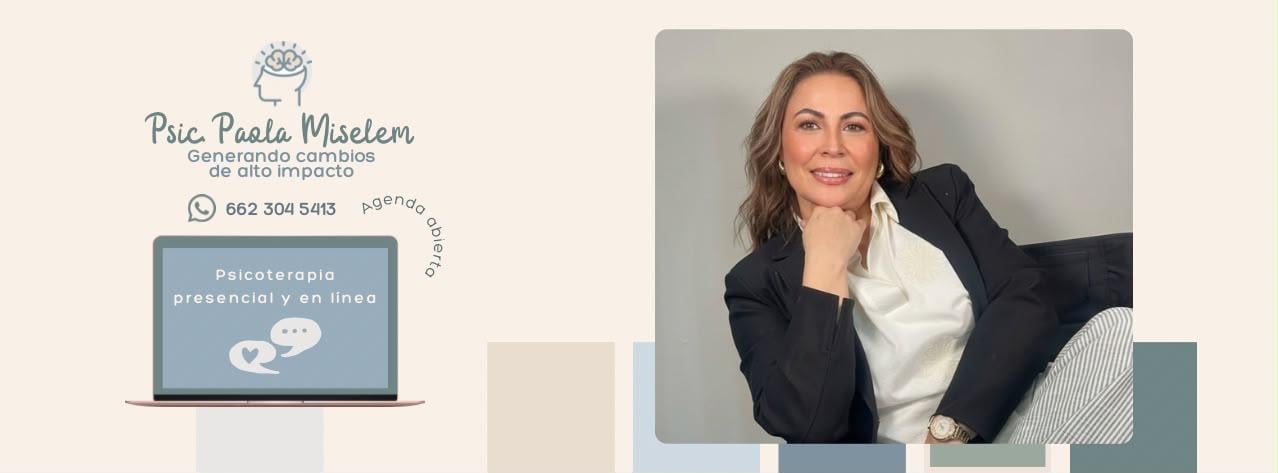 Encabezado profesional de Psic. Paola Miselem con su logo a la izquierda y retrato a la derecha, con información de contacto